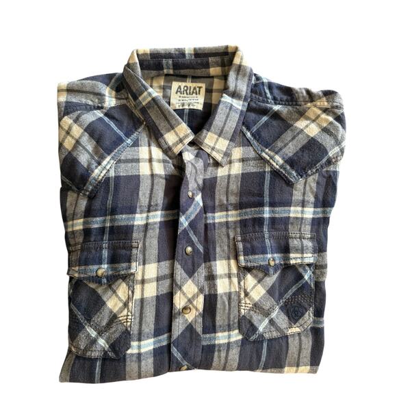 Ariat Men’s Blue Grey Plaid Flannel Pearl Button Up Retro Fit Cotton Size XXL - Picture 4 of 6